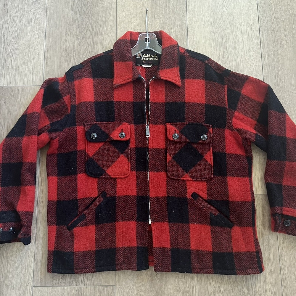 Vtg Oakbrookn Outerwear Red Black Wool Buffalo Plaid Zip Hunting Lodge Jacket LG
